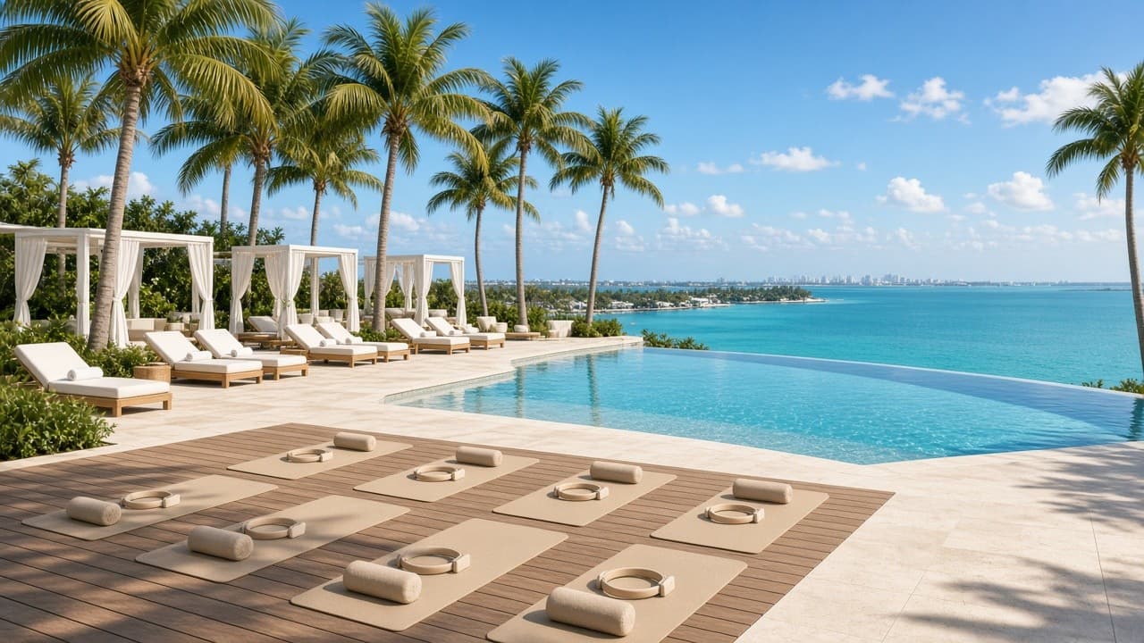 Resort pool with mats set for the Key Biscayne retreat