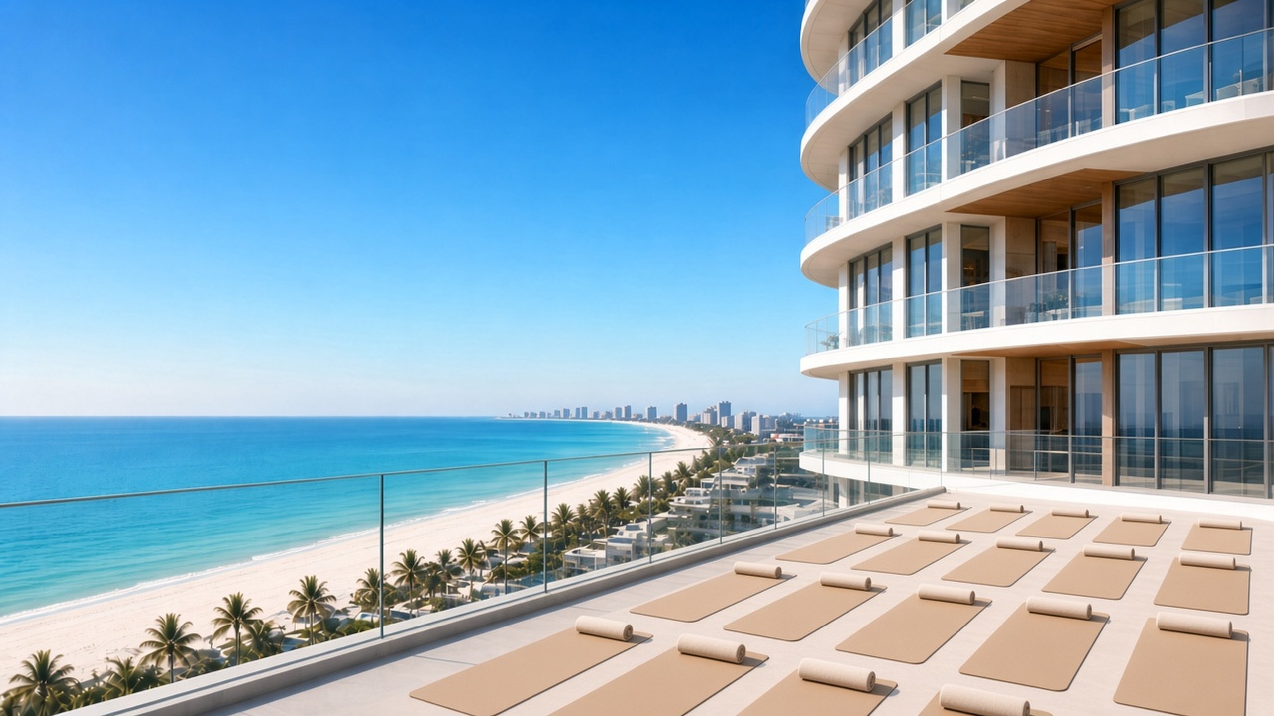 Terrace with Pilates mats and towels at sunset, Miami